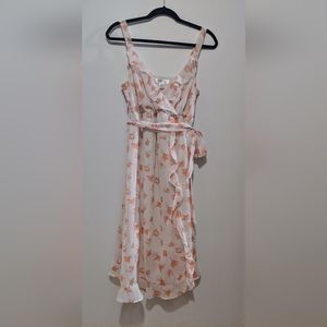 Motherhood Maternity Faux Wrap Ruffle Dress White and Peach Growing Belly sz S